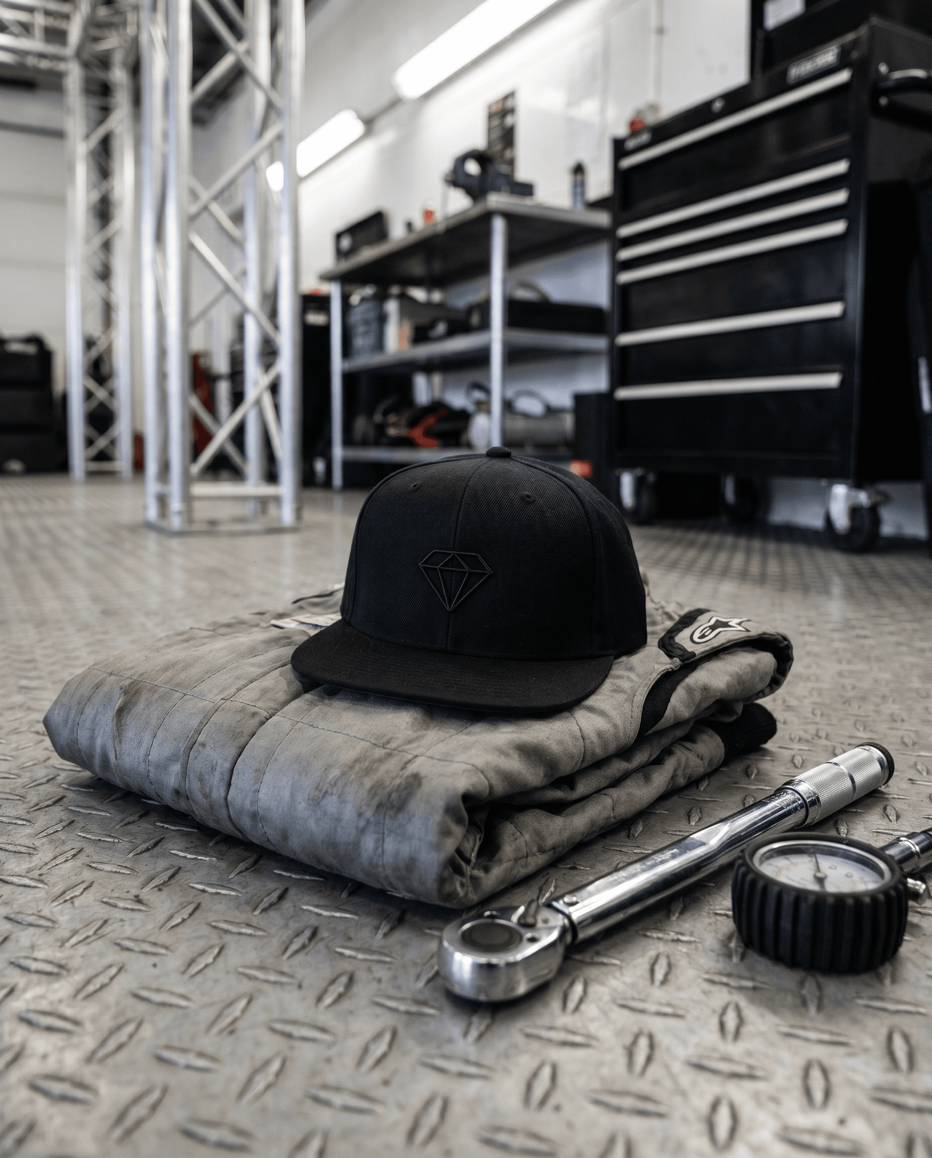 A black flat-brim snapback on a folded racing suit on a checker-plate pit garage floor